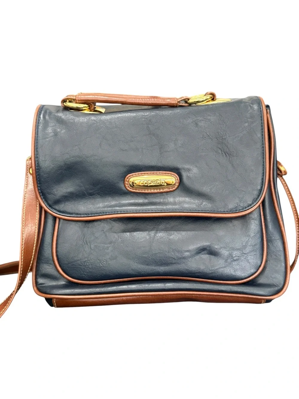 Capezio Navy and Brown Leather Satchel with Gold Accents